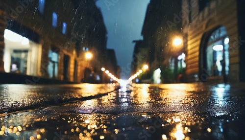 cinematic city street at night after rain