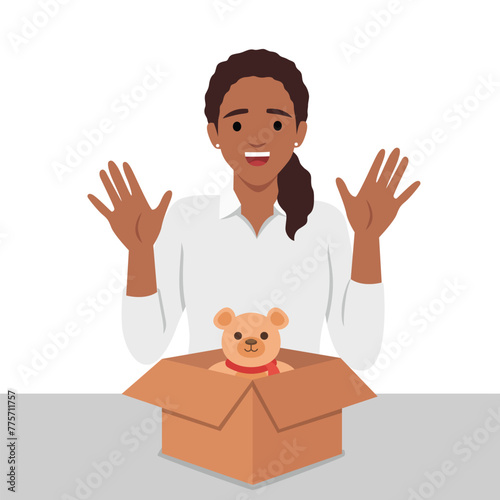 Young woman unboxing bear teddy gift. Flat vector illustration isolated on white background