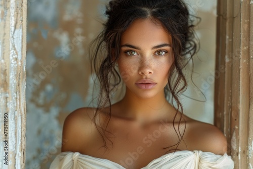 beautiful depiction of greek or roman goddess in a white grecian dress on neutral temple background .  photo