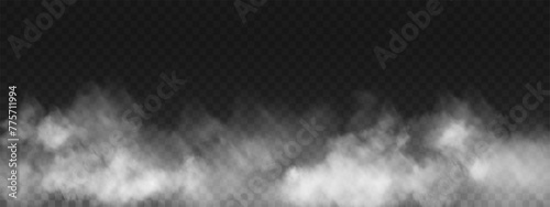 Fog or smoke, white smog clouds on floor, isolated transparent special effect. Vector illustration, morning fog over land or water surface, magic haze. 