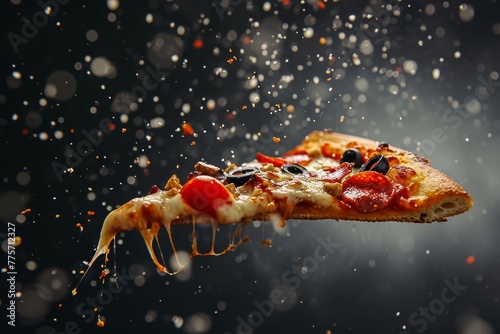 A slice of tasty pizza is flying out on a black background.