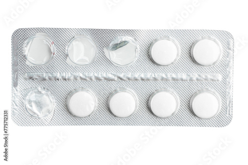 White medicine pills in a blister pack isolated on white background, healthcare and medicine concept, top view