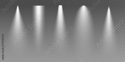 Set of spotlights on transparent background, directional neon light from spotlight, empty dark stage and studio room with beams of light. For product demonstrations.	
