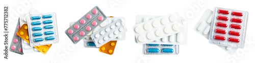 Fotografie Collage of various medicine capsules, pills and tablets in a blister pack isolat