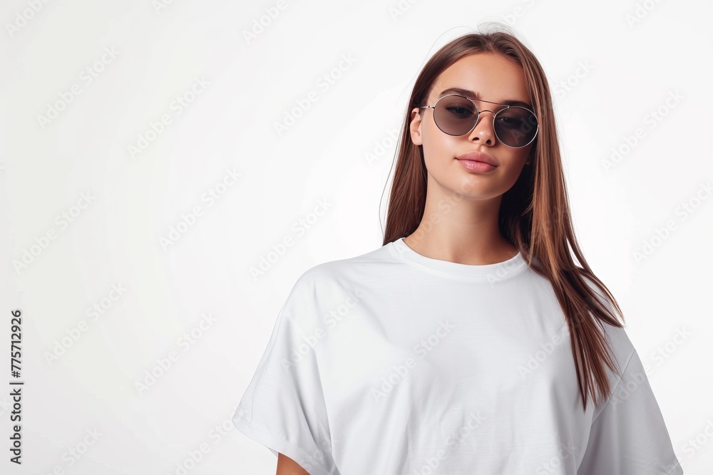 A young woman in a white t shirt on a white background. A young woman in a white t shirt on a white background.