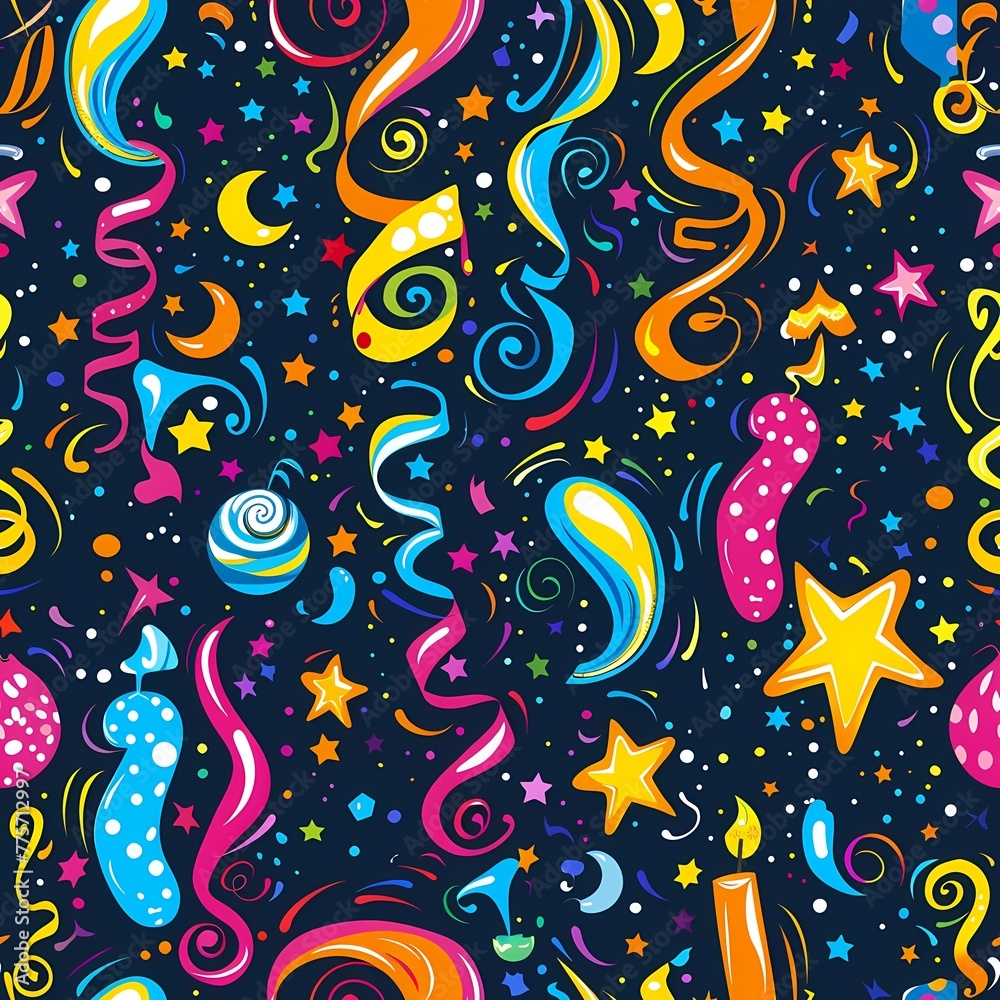 Seamless pattern of colorful stars and swirling patterns, creating a dynamic and lively visual design for Happy Birthday celebration