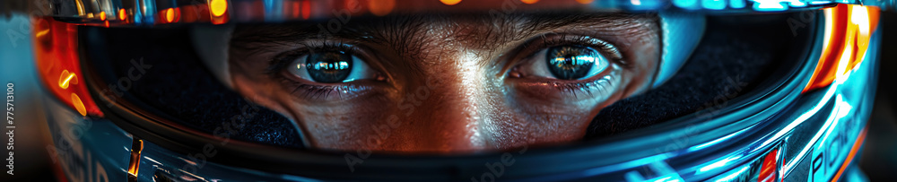 Fototapeta premium eyes of a male driver Formula One racer pilot in helmet in a racing car F1 driving on track at a race competition