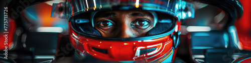 portrait of a black male driver Formula One racer pilot in helmet in a racing car F1 driving on race competition