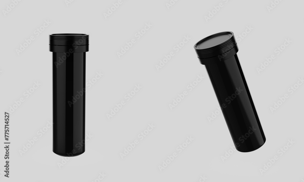 Round matte aluminum tube with cap for effervescent or carbon tablets, pills, vitamins. Realistic packaging. 3d Illustration Round matte aluminum tube with cap for effervescent or carbon tablets, pills, vitamins. Realistic packaging. 3d Illustration