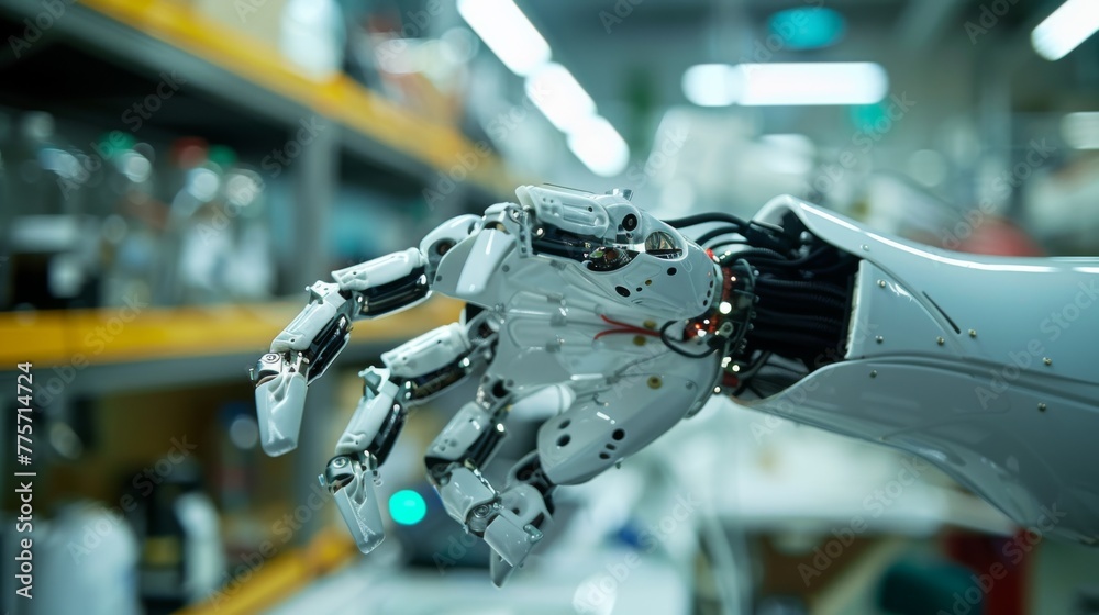 Fototapeta premium Close-up of a robotic arm with intricate design and advanced mechanics, symbolizing cutting-edge automation technology in a manufacturing environment.