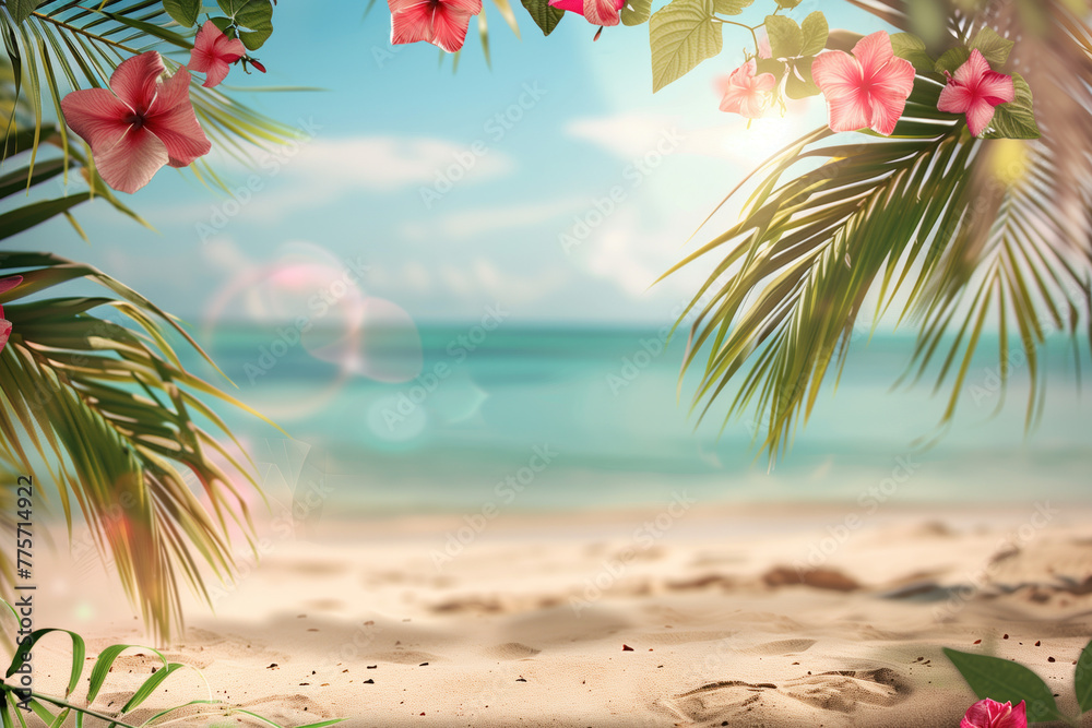 Tropical beach with palm trees. Frame. Slide background image. Created with Generative AI technology.
