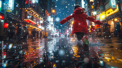 Young girl joyfully splashes in city puddle amid vibrant rain,generative ai