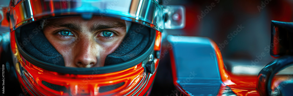 portrait of a man Formula One racer pilot in helmet in a racing car F1 at race competition