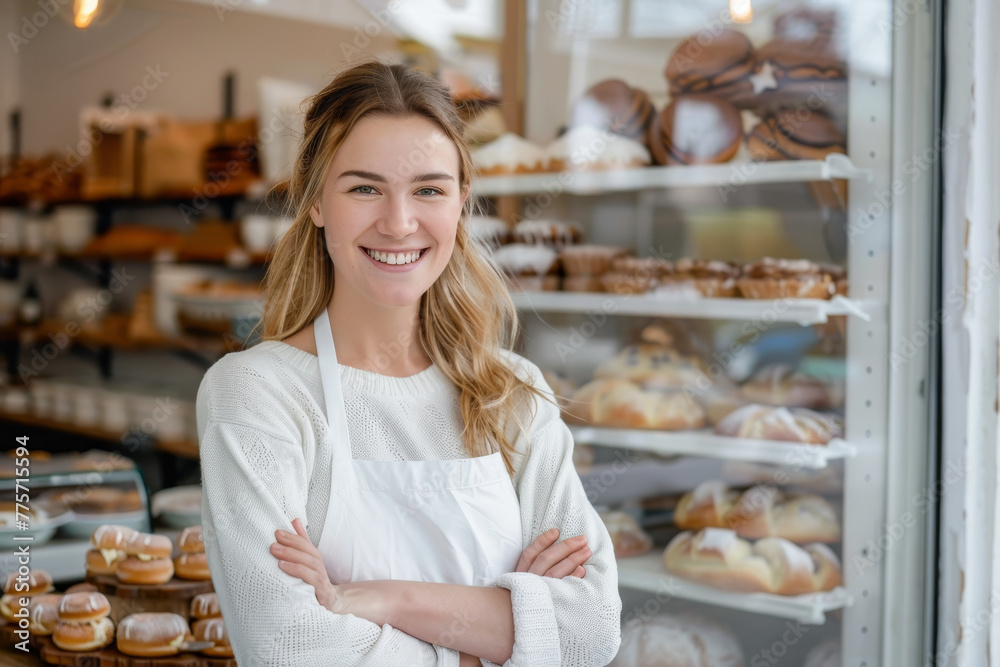 beautiful woman put on an apron, standing with arms crossed expressing confidence with smiley face in front of her bakery shop with baked goods and bread on shelf at background. small business owner