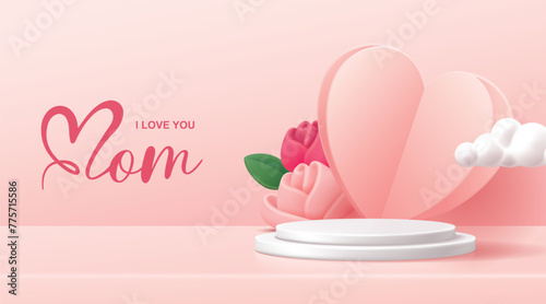 Mother's day banner for product demonstration. White pedestal or podium with roses and heart on pink background.