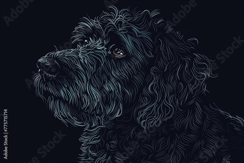 Detailed and artistic illustration of a doodle dog with intricate fur patterns highlighted by blue tones against a dark background