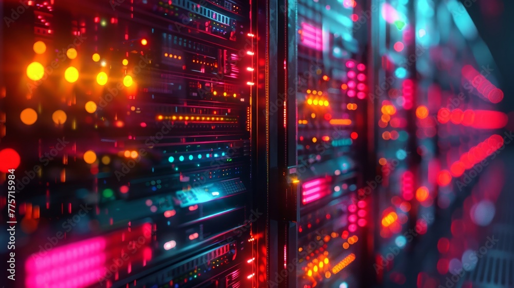 Server racks with blinking lights in a data center