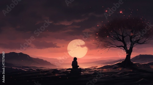 Lonely person sits on a rock in the middle of nowhere under a big full Moon and purple sky.