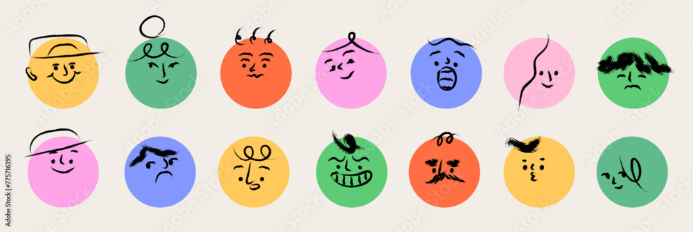 Round abstract comic faces design with different feelings and emotions ...