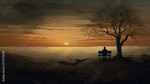 Lonely person sits on a bench under a big bare tree by the lake watching the sunset. © junky_jess