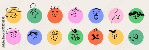 Round abstract comic faces design with different feelings and emotions. Crayon textured drawing. Different colorful characters in cartoon brush stroke style. Hand drawn trendy flat vector illustration