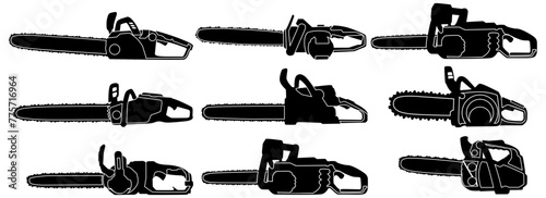 Set collections chainsaw black silhouette icon. Lumberjack logo. Woodworking symbol vector illustration