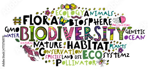 Biodiversity, biological diversity word cloud. Variety of life on Earth.
