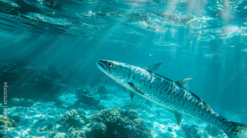 A fierce barracuda in the coral reef with clear water.