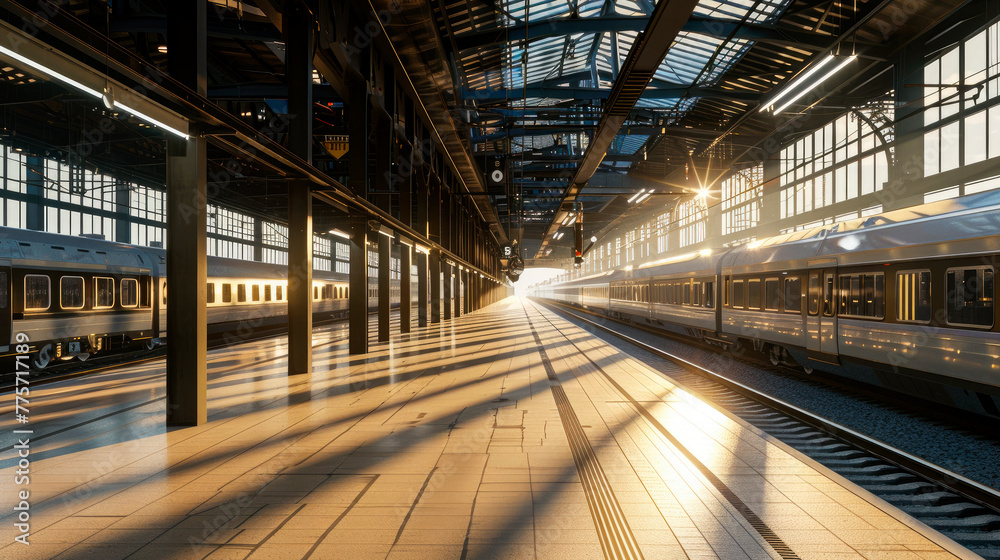 Perspective view of a platform in railway station with sunlight cast on trains Perspective view of a platform in railway station with sunlight cast on trains