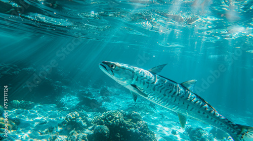 A fierce barracuda in the coral reef with clear water.