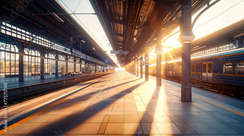 Perspective view of a platform in railway station with sunlight cast on train parking by the platform. © graja