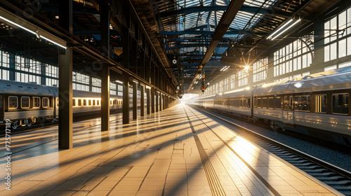 Perspective view of a platform in railway station with sunlight cast on trains