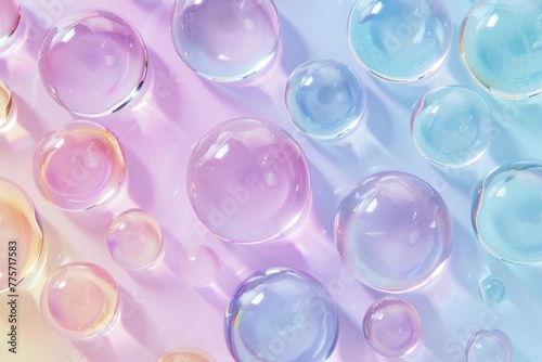 Round drops of transparent gel serum on a pastel background. 