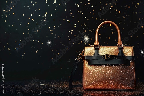 Golden handbag on black background