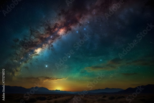 Starry Serenade: Traveling Through the Enchanted Night Sky on a Celestial Odyssey Gorgeous cosmic nebula produced using generative artificial intelligence A portion of the rainbow texture painting. Ga
