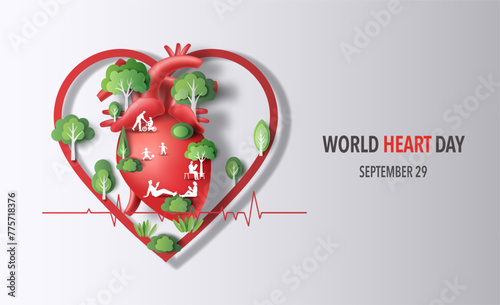 World Heart Day concept: people relaxing in the garden with a heart-framed background.