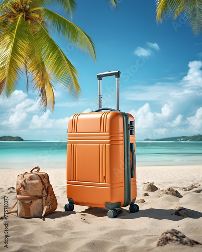summer travel  background with orange suitcase on the beach