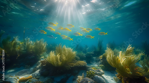 School of yellow fish swimming over seabed with algae. Underwater seascape with sunlight. Marine life ecosystem concept for design and print. Wide angle shot with natural lighting