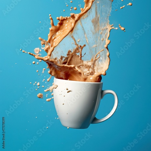 A coffee cup falls in the air as coffee is poured into the air. Studio photography on a blue background. 