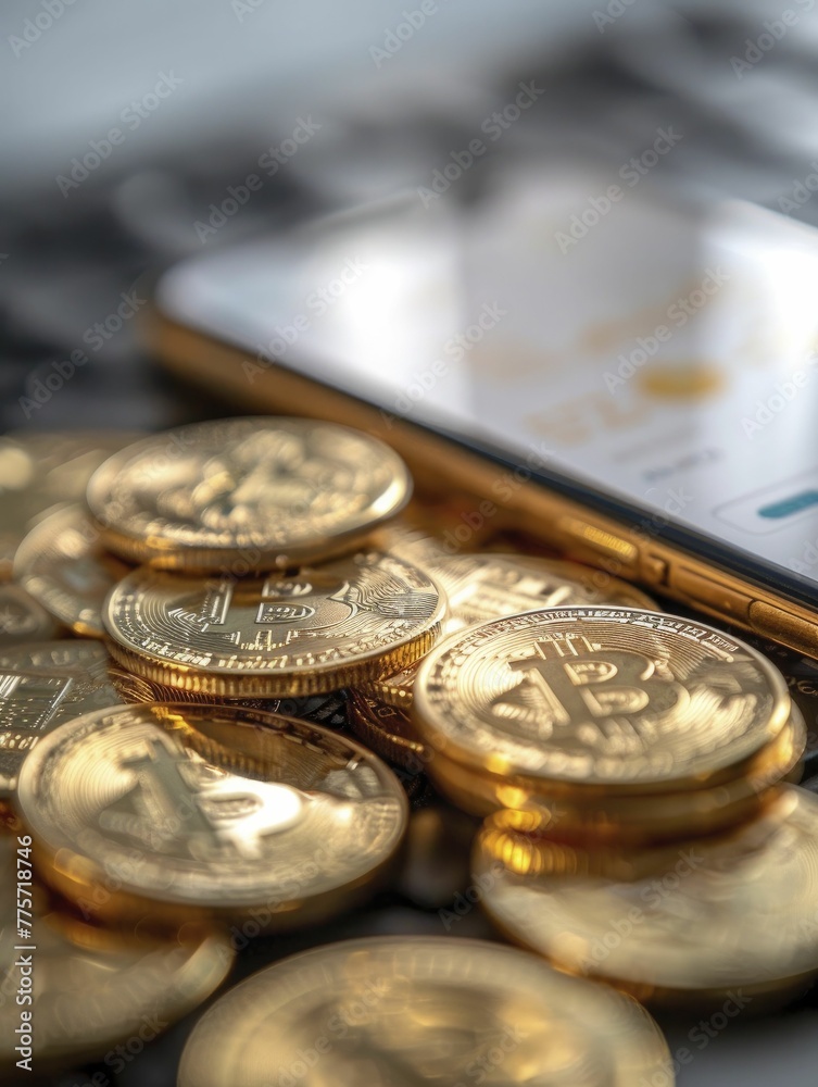 Crypto wallet transaction, macro shot of a smartphone confirming a Bitcoin transfer, blurred coins in background.