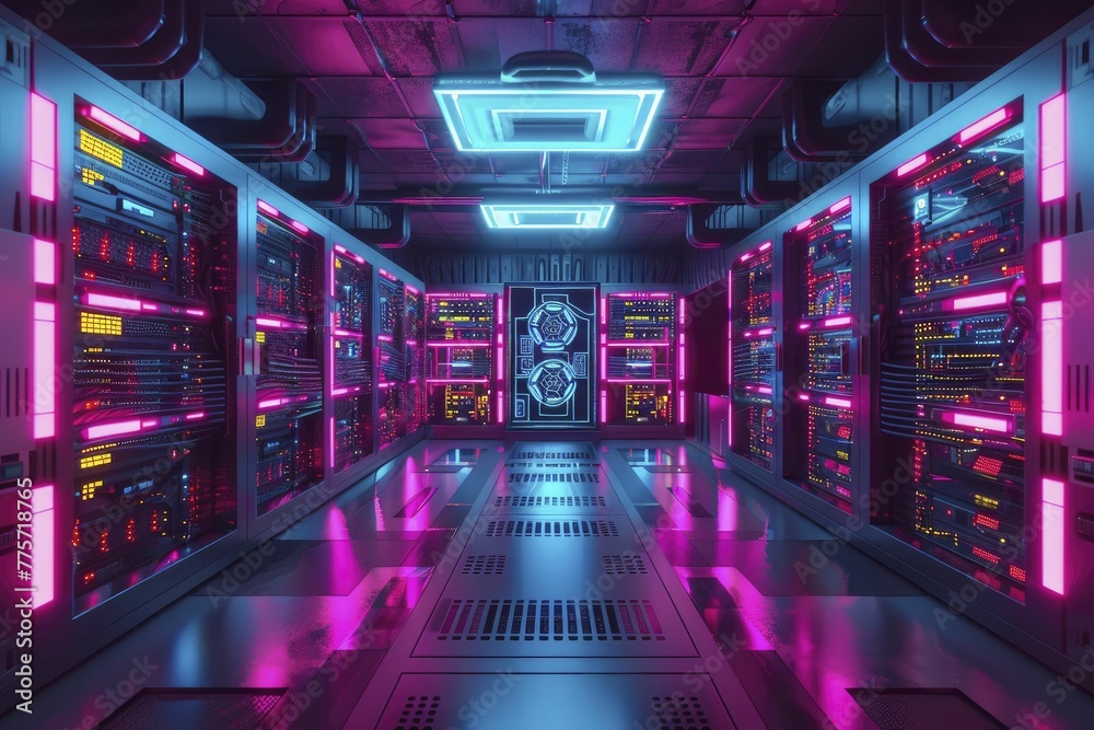 Cryptocurrency mining farm, wide interior shot showcasing rows of mining rigs with vibrant LED lights.