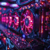 Cryptocurrency mining rig close up, focusing on the graphics cards and cooling systems with techy ambiance.