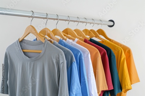 Variety of Colorful T-shirts on Wooden Hangers. Generative ai