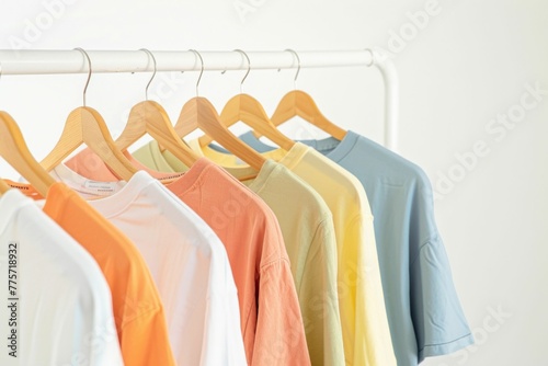 Variety of Colorful T-shirts on Wooden Hangers. Generative ai