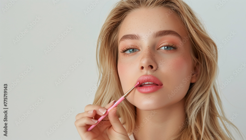 Blond woman apply pink lipstick make up on lips (closeup). Empty white background Blond woman apply pink lipstick make up on lips (closeup). Empty white background