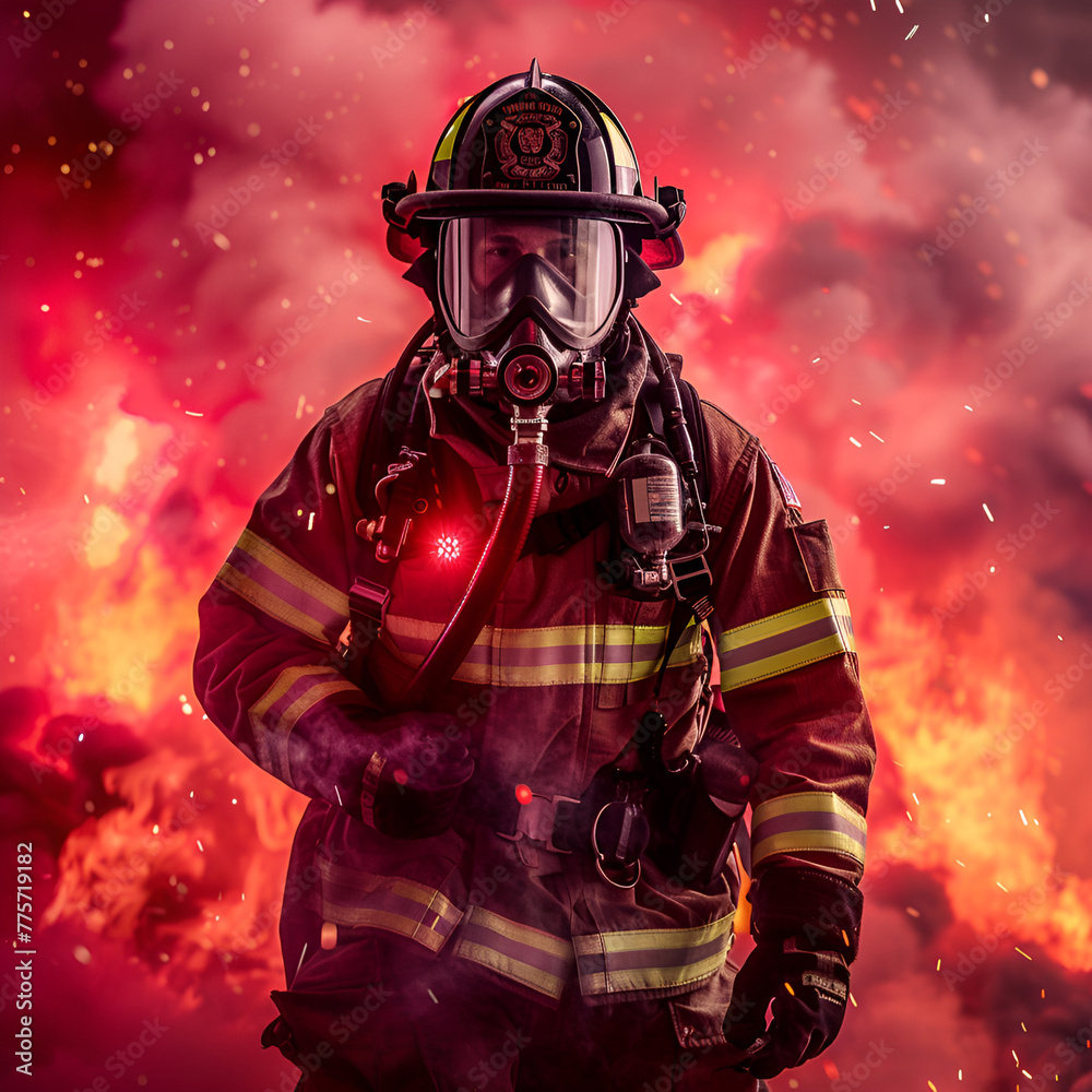 A firefighter in full gear stands against a backdrop of intense flames and smoke. A firefighter in full gear stands against a backdrop of intense flames and smoke.