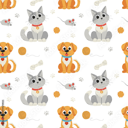 Seamless pattern with pets and toys for pets. Cute, smiling cat, dog, characters. Cartoon Flat vector illustrations on white background.