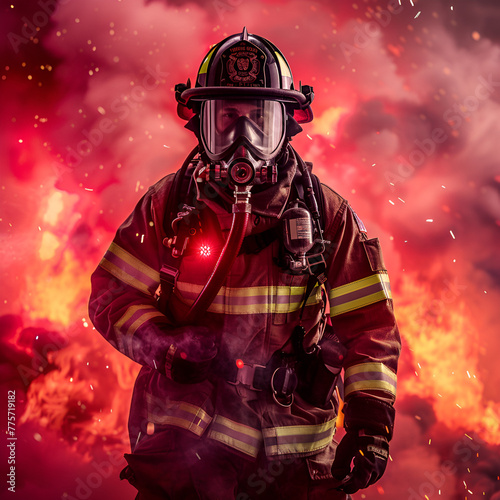 A firefighter in full gear stands against a backdrop of intense flames and smoke.