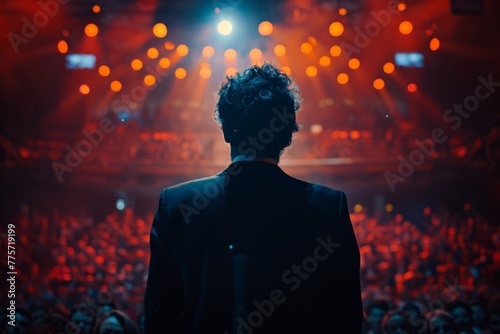 Back view of a person speaking to an audience at a podium in a brightly lit auditorium full of attendees.