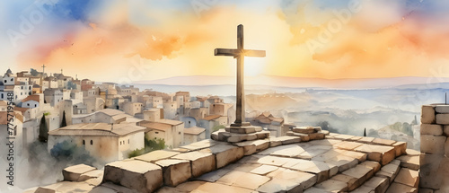 View Crosses on Golgotha from the Holy Sepulchre at sunrise. Digital watercolor painting illustration style. photo